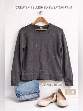 J.Crew Gray Embellished Sweatshirt Size Medium Beaded Crewneck